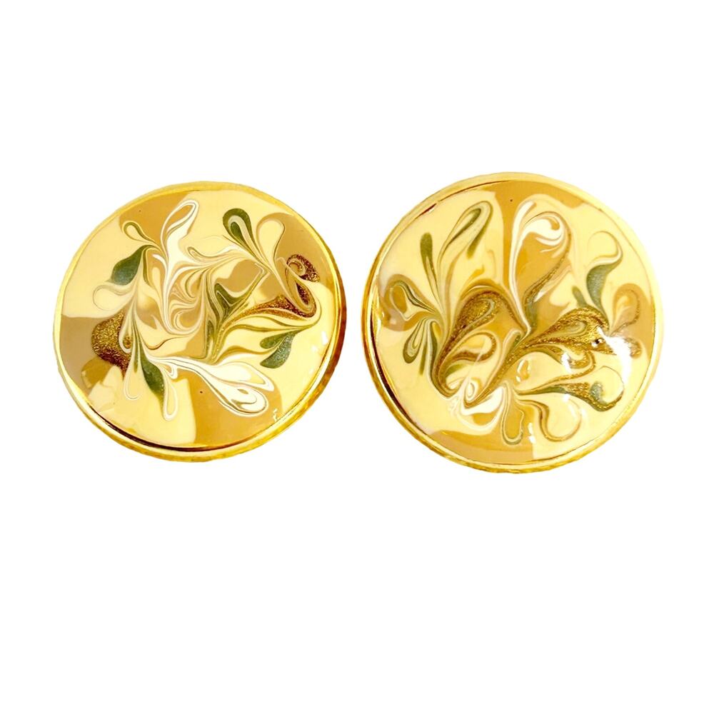 Vintage Abstract Tan Cream Enamel Swirl Earrings 80s 90s
